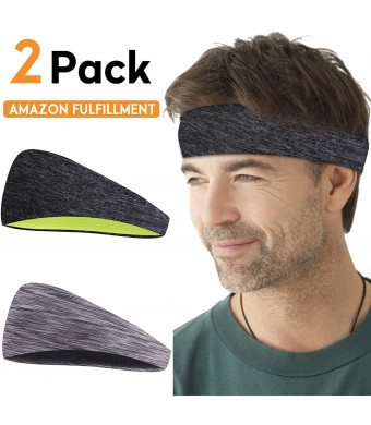 COOLOO Mens Bandana Headband, 2 Pack Guys Sweatband Sports Headband for Men Women Unisex, Performance Stretch and Moisture Wicking for Running Work Out Gym Tennis Basketball
