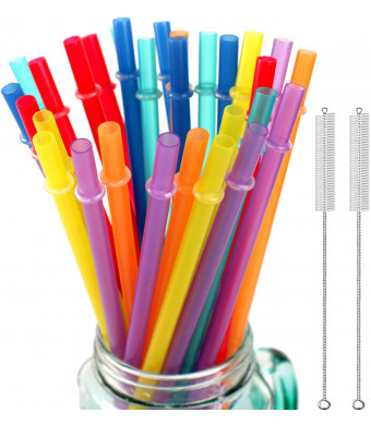 32 Pieces Reusable Plastic Straws Fit for Mason Jars, Tumblers, 10.25 Inches Extra Long Rainbow Colored Unbreakable Drinking Straws with 2 Cleaning Brushes, BPA Free and Eco Friendly