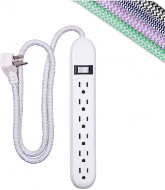 Cordinate 6-Outlet Surge Protector, Power Strip, Flat Plug, Braided Cord, Decorative, 3 ft Power Cord, Wall Mount, Tangle-Free, Warranty, White, 41638