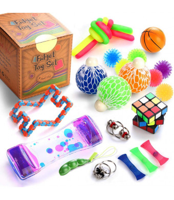 Sensory Fidget Toys Set, 25 Pcs., Stress Relief and Anti-Anxiety Tools Bundle for Kids and Adults, Marble and Mesh, Pack of Squeeze Balls, Soybean Squeeze, Flippy Chain, Liquid Motion Timer and More