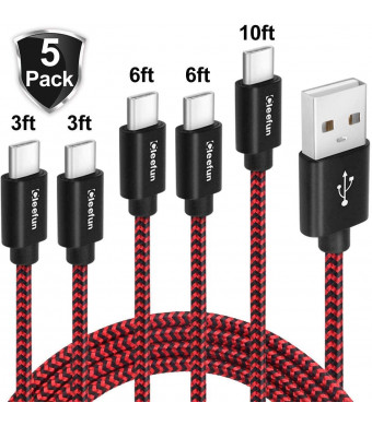 USB C Cable Fast Charging, [5-Pack,3/3/6/6/10 ft], CLEEFUN Nylon Braided Type C Cable Fast Charger Cord for Samsung Galaxy S10 S9 S8 Plus S10e, Note 8 9 10, LG G7 G6 G5 V30 V20 Moto G6 Z Z2 Pixel 2 XL