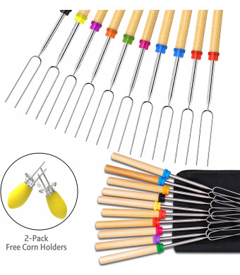 Ezire Roasting Sticks, Marshmallow Roasting Sticks, Set of 10 Barbeque BBQ Skewers, 32-inch Extendable Extended Smores and Hot Dog Fork 2-Pack Corn Holder BBQ at The Campfire(multi-10 Pack)