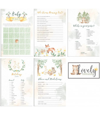 Lovely Celebrations: Woodland Themed Baby Shower Games Pack: Bingo, Matching Game, How Well do You Know Mommy?, Advice and Predictions, What's in Your Purse? 50 Each, 250 Pieces Total, Decorations
