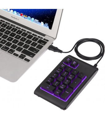 HDE USB Numeric Keypad with Adjustable LED Backlight, Water Resistant Mini 18 Key Number Pad - Color Changing Backlit Keys USB Wired Numpad for Windows PC Laptop Computer Macbook