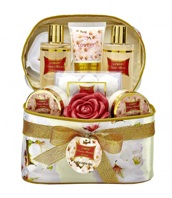 Bath and Body Gift Basket For Women  Honey Almond Home Spa Set with Fragrant Lotions, 6 Bath Bombs, Reusable Travel Cosmetics Bag and More - 14 Piece Set