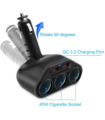 Rocketek 3-Socket 2-Port USB Quick Charge 3.0 Car Charger Splitter Adapter,120W 12V/24V DC Outlet Multi Socket Car Cigarette Lighter Splitter QC3.0 Dual Car Charger Power Outlet Splitter Extender