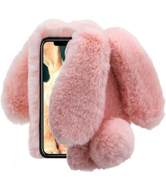 Aearl iPhone XR Case,iPhone XR Rabbit Fur Ball Case,Luxury Cute 3D Homemade Diamond Winter Warm Soft Furry Fluffy Fuzzy Bunny Ear Plush Back Phone Cover for Girls Women-Pink(iPhone XR 6.1 inch 2018)