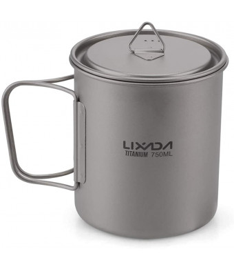 Lixada Camping Cookware Set - Ultralight Titanium Cup Mug - Camping Fry Pan Foldable Handle with Lid and Stuff Sack Titanium Pot