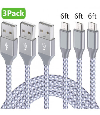 Micro USB Cable, 3Pack 6Ft Android Charger Cord Long Nylon Braided Sync and Fast Charging Cables Compatible Samsung Galaxy S6 S7 Edge, Kindle, Android and Windows Smartphones, Xbox, PS4 and More-Gray