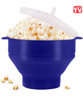 Microwaveable Silicone Popcorn Popper, BPA Free Collapsible Hot Air Microwavable Popcorn Maker Bowl, Use In Microwave or Oven (Blue)