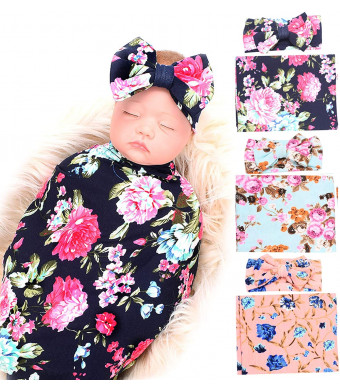 3 Pack Receiving Blanket with Headbands BQUBO Newborn Baby Floral PrintedBaby Shower Swaddle Gift