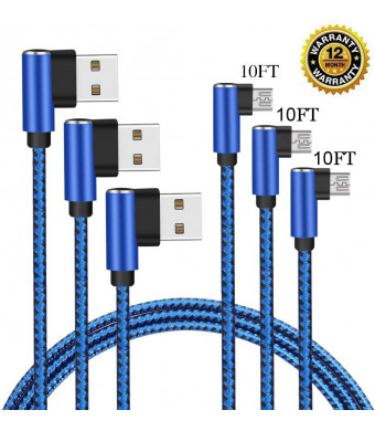 Micro USB Cable, CTREEY 90 Degree 3 Pack Long Premium Nylon Braided Android Fast Charger USB to Micro USB Charging Cable for Samsung Galaxy S7 Edge/S6/S5 (3 Pack 10FT Blue)