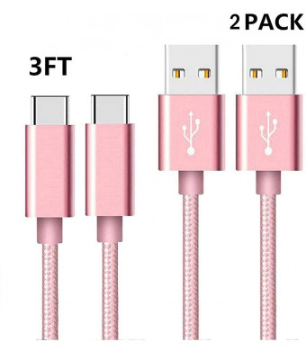 USB Type C Cable, Linwood USB C to USB A Charger (3FT/2PACK), Nylon Braided Fast Charging Cord Compatible Samsung Galaxy S9 S8 Note 8, MacBook, LG V30 G6 G5, Moto Z and More (Rose Pink)