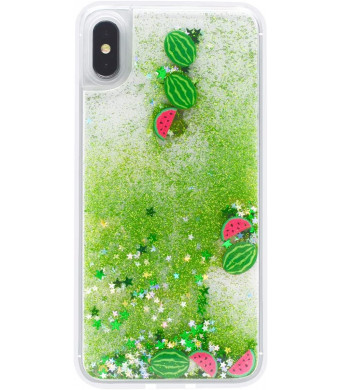 Fusicase for iPhone XR Case Liquid Case Funny Shiny Green Quicksands Flowing Sparkle Moving Bling Glitter Protective Cover with Clear Bumper Fruit Watermelon Pattern Case for iPhone XR