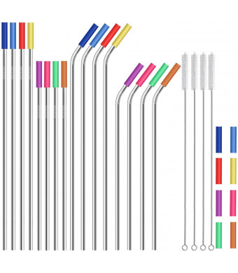 Stainless Steel Straws,Set of 16 10.5" 8.5" Reusable Metal Straws,Straws Drinking Reusable for 20 24 30 oz Yeti Tervis Rtic Tumbler,Extra Long Metal Straws with 24 Silicone Tips,4 Cleaning Brushes