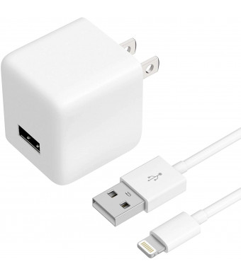 USB Wall Charger iPhone Adapter by TalkWorks | 12W/2.4A | Includes 5ft Lightning Cable Apple MFI Certified For iPhone 11, 11 Pro/Max, XS/Max, XR, X, 8, 7, 6, SE, 5, iPad, iPod, AirPods, Watch - White