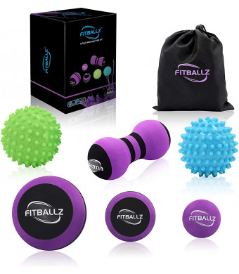 Fitballz Massage Ball Kit for Myofascial Trigger Point Release and Deep Tissue Massage,Set of 6 Premium Myofascial Release Tools, 3 Sizes Foam Balls, 2 Spiky Firm/Soft, Peanut, Carry Bag Included