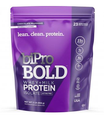 BiPro BOLD Whey + Milk Protein Powder Isolate, Chocolate Milkshake 2 Pounds - No Added Sugar, Lactose Free, Gluten Free, Naturally Sweetened, Contains Prebiotic Fiber
