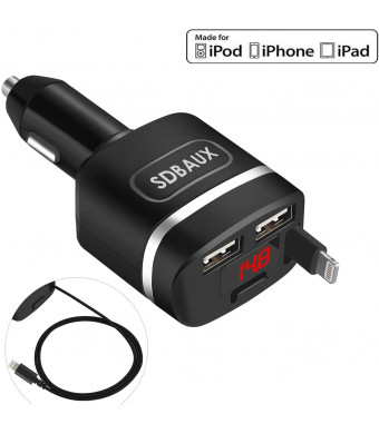 SDBAUX Car Charge, with 2.8 ft Retractable Cable Compatible/Replacement for iPhone Xs Max XR X 8 7 6 Plus 5S, 2 USB Ports for Samsung Galaxy LG Google Pixel Nexus and More