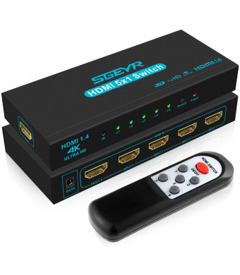 HDMI Switch SGEYR 5x1 HDMI Switcher 5 in 1 Out HDMI Switch Selector 5 Port Box with IR Remote Control HDMI 1.4 HDCP 1.4 Support 4K@30Hz Ultra HD 3D 2160P 1080P