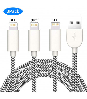 iPhone Charging Cable,Sharllen 3FT Nylon Braided Fast USB ChargingandSyncing Cord Lightning Cables Cell-Phone Charger Compatible iPhone XS/Max/XR/X/8P/8/7/7P/6/iPad White