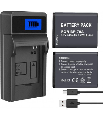 PALO 2 Pack BP-70A, BP70A Battery with Battery Charger for Samsung DV150F, ES65, ES70, ES80, MV800, PL120, PL170, PL20, PL200, PL80, SL50, SL600, SL605, SL630, ST65, ST66, ST76, ST80, ST90, ST95