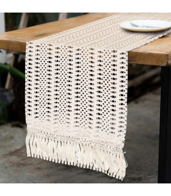 OurWarm Natural Macrame Table Runner Cotton Crochet Lace Boho Wedding Table Runner with Tassels for Bohemian Rustic Wedding Bridal Shower Home Dining Table Decor, 12 x 108 Inch