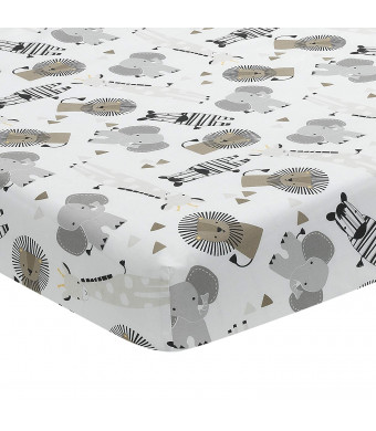 Lambs and Ivy Jungle Safari 100% Cotton White/Gray Elephant/Lion Fitted Crib Sheet