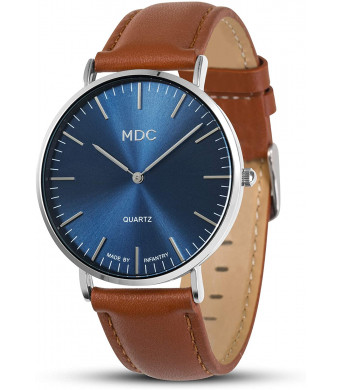 MDC Mens Brown Genuine Leather Watch Ultra Thin Minimalist Wrist Watches for Men Dress Formal Casual Deep Blue