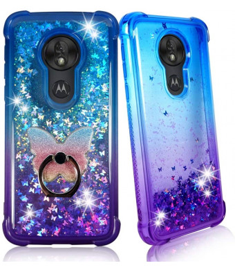 Zase Moto G7 Play Clear Case, [Liquid Glitter Sparkle Bling] for Moto G7 Play (5.7") Protective Cover 3D Waterfall Floating Quicksand [Shockproof Bumper] w/Phone Ring Holder (Gradient Blue Purple)