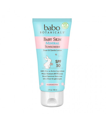 Babo Botanicals Baby Skin Mineral Sunscreen Lotion SPF 50 with 100% Zinc Oxide Active, Non-Greasy, Water-Resistant, Reef-Friendly, Fragrance-Free, Vegan - 3 oz.