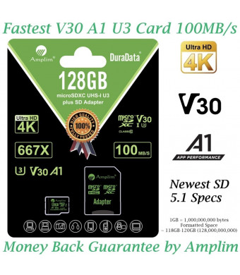 128GB Micro SD Card Plus Adapter - Amplim V30 A1 100MB/s 667X MicroSDXC Memory Card Pack 128 GB (Class 10 U3 UHS I XC) MicroSD Card 128G SDXC TF Card - Cell Phone, Nintendo, Camera, GoPro, Fire, DJI