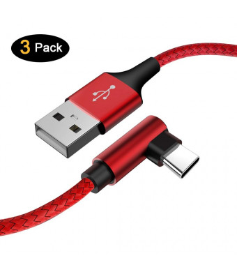 Extra Long Right Angle USB Type C Cable (3 Pack 10FT) Fast Charger USB A to USB C Nylon Braided Cord for Samsung Galaxy S8 S9 S10 Plus Note 9, LG Stylo 4 Q7 G7 ThinQ, MacBook, USB C Devices (Red)