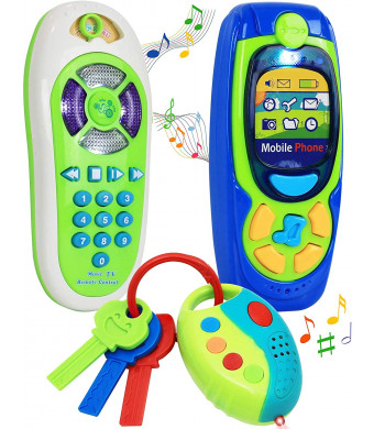 Click N' Play Pretend Play Cell Phone TV Remote and Car Key Accessory Playset for Kids with Lights Music and Sounds (Set of 3)