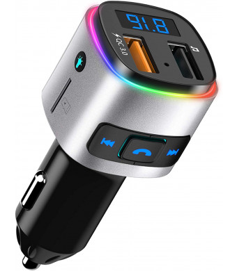 (Upgraded Version) FM Transmitter Bluetooth 5.0, SONRU Car Radio Bluetooth Adapter Music Player Kit, QC3.0 Charging, Handsfree Call, Siri Google Assistant, Voltmeter, SD Card, U Disk, 7 Color Lights