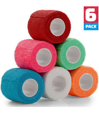 Vet Wrap - (Pack of 6-2 inch x 5 Yard Rolls) Self Adherent Wrap Cohesive Compression Bandage and Medical Gauze Bandage Roll Tape for Dogs, Cats, Horses - Assorted Colors