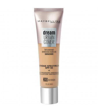 Maybelline Dream Urban Cover Flawless Coverage Foundation Makeup, SPF 50, Sun Beige