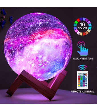 BRIGHTWORLD Moon Lamp Kids Night Light Galaxy Lamp 5.9 inch 16 Colors LED 3D Star Moon Light with Wood Stand, Remote and Touch Control USB Rechargeable Gift for Baby Girls Boys Birthday