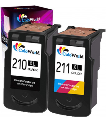 ColoWorld Remanufactured 210XL Ink Cartridge Combo Pack Replacement for Canon PG-210 XL 210XL CL-211 XL 211XL (1 Black + 1 Tri-Color) Used in Canon PIXMA MP240 MP480 IP2702 MP495 MX410 MX340 Printer