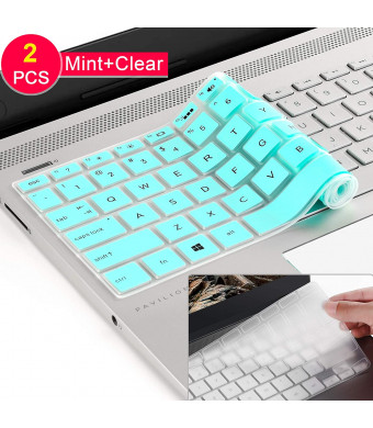 [2 Pcs] Silicone Keyboard Cover Skin for 2019 2018 HP 14 inch Laptop Keyboard Cover/HP Pavilion x360 Keyboard Cover 14M-BA 14M-CD 14-BF 14-BW 14-cm 14-CF Series 14 Inch Protective Skin 2020,Mint+Clear