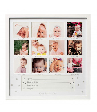 1Dino My First Year Baby Keepsake Picture Frame - 13.2"x 13.2" White Wood Baby Frame Hold 12 Months Photo Inserts - Newborn Baby Registry, Shower Gift for Boys and Girls, Wall or Desk Nursery Decor