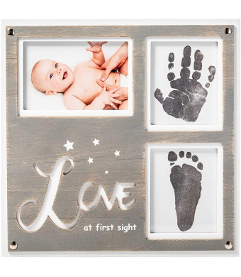 1Dino Newborn Baby Handprint and Footprint Picture Frame Kit -Special Cut 12.6x 12.2" White/Gray Wood Frame, 2 x Clean-Touch Ink Pad Included, Safe For Baby- Baby's Prints, A Perfect Baby Shower Gift
