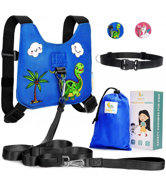 HappyVk Safety Harness for Kids-Anti Lost Walking Toddler Baby Leash-with Drawstring Storage Bag and Belt for Parents-Cute Dinosaur Embroidery-Suitable for 1-4 Years Old Boys, Girls