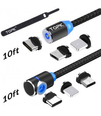 TOPK USB Magnetic Cable,Micro USB and Type C 3in1, 90 Degree Right Angle,Nylon Braided Cord,360 Magnetic Charging Cable with Led Light,(2-Pack,10ft/10ft) Magnetic Phone Charger Cable for Android