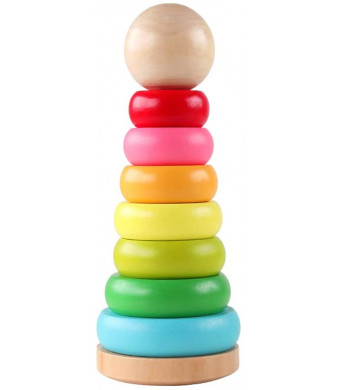 GEMEM Stacking Rings Toy Wooden Rainbow Stacker Toddler Learning Toys for 18 Months 2 Year Old Baby Boys Girls