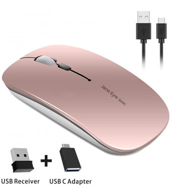 Picktech Q5 Slim Rechargeable Wireless Mouse, 2.4G Portable Optical Silent Ultra Thin Wireless Computer Mouse with USB Receiver and Type C Adapter, Compatible with PC, Laptop, Desktop (Rose Gold)