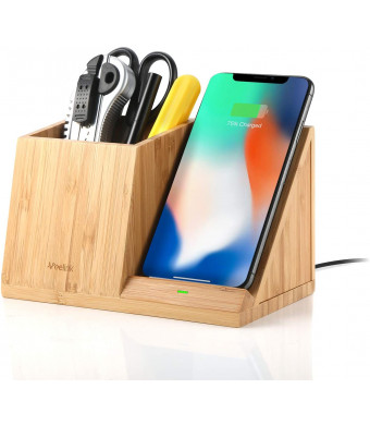 Veelink Bamboo Wireless Charger with Organizer Wood Wireless Charging Station for iPhone 11 X 8 Plus and Samsung S7 Edge S8 Plus S9 Plus Note 8