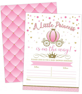 Princess Baby Shower Invitation, Royal Pink and Gold Carriage Baby Sprinkle, 20 Fill in Invitations and Envelopes