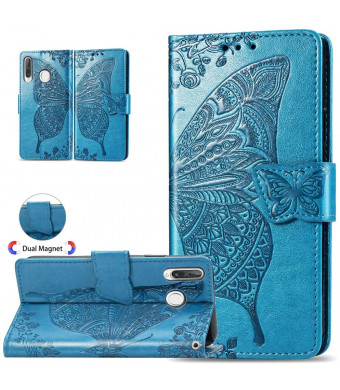 ISADENSER for Huawei P30 Lite Case Elegant Embossing Totem Butterfly Wing PU Leather Flip Wallet Bookstyle Magnetic Card Slot Stand Cover for Huawei P30 Lite, Butterfly Wing Blue XD