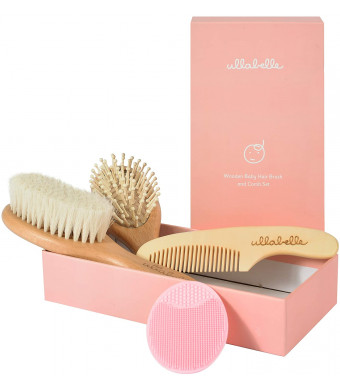 Ullabelle 4 Piece Wooden Baby Hair Brush and Comb Set for Newborns and Toddlers in Chic Gift Box - Ultra Soft Natural Goat Hair and Wood Baby Brush Set Prevents Cradle Cap - Perfect Registry Gift (Pink)
